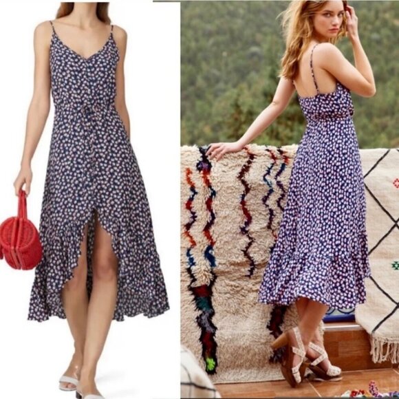 RAILS Frida Sleeveless Spaghetti Strap Ruffle Midi Maxi Dress with Pink Poms S - Picture 4 of 16